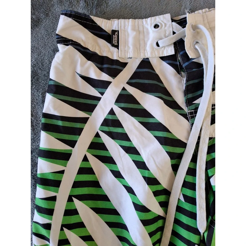 No Fear Mens Tropical Palm Stripe Board Shorts Green Yellow Swim‎ Trunk Med. Y2K